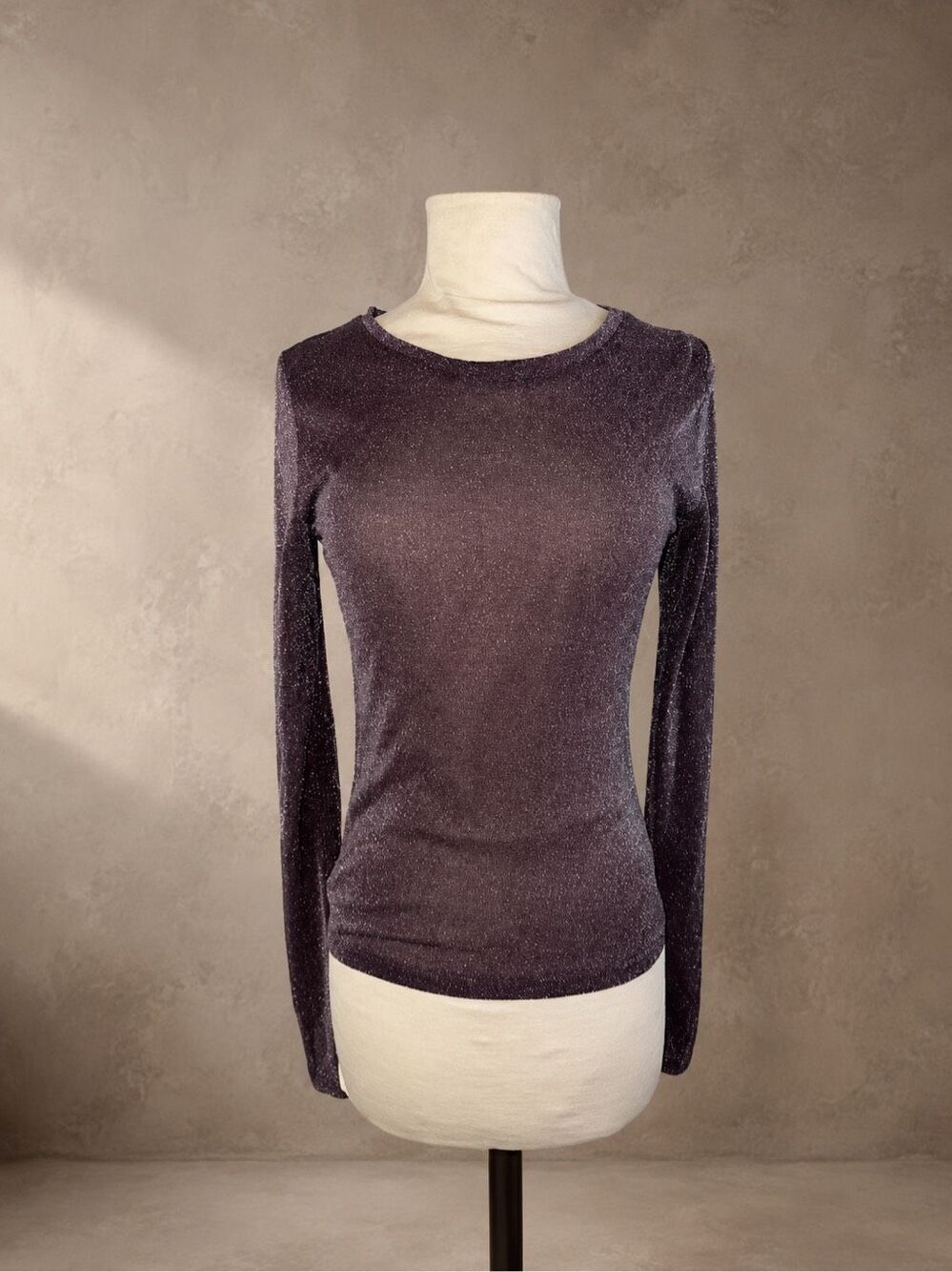 Free People Intimately Sz S Shimmer Long Sleeve Knit Top Metallic Plum Sparkle